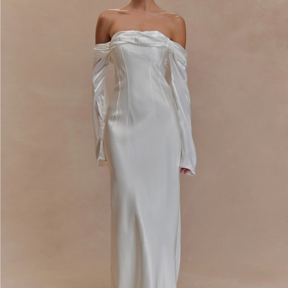 Meshki Giselle Off Shoulder Cowl Neck Maxi Dress - White